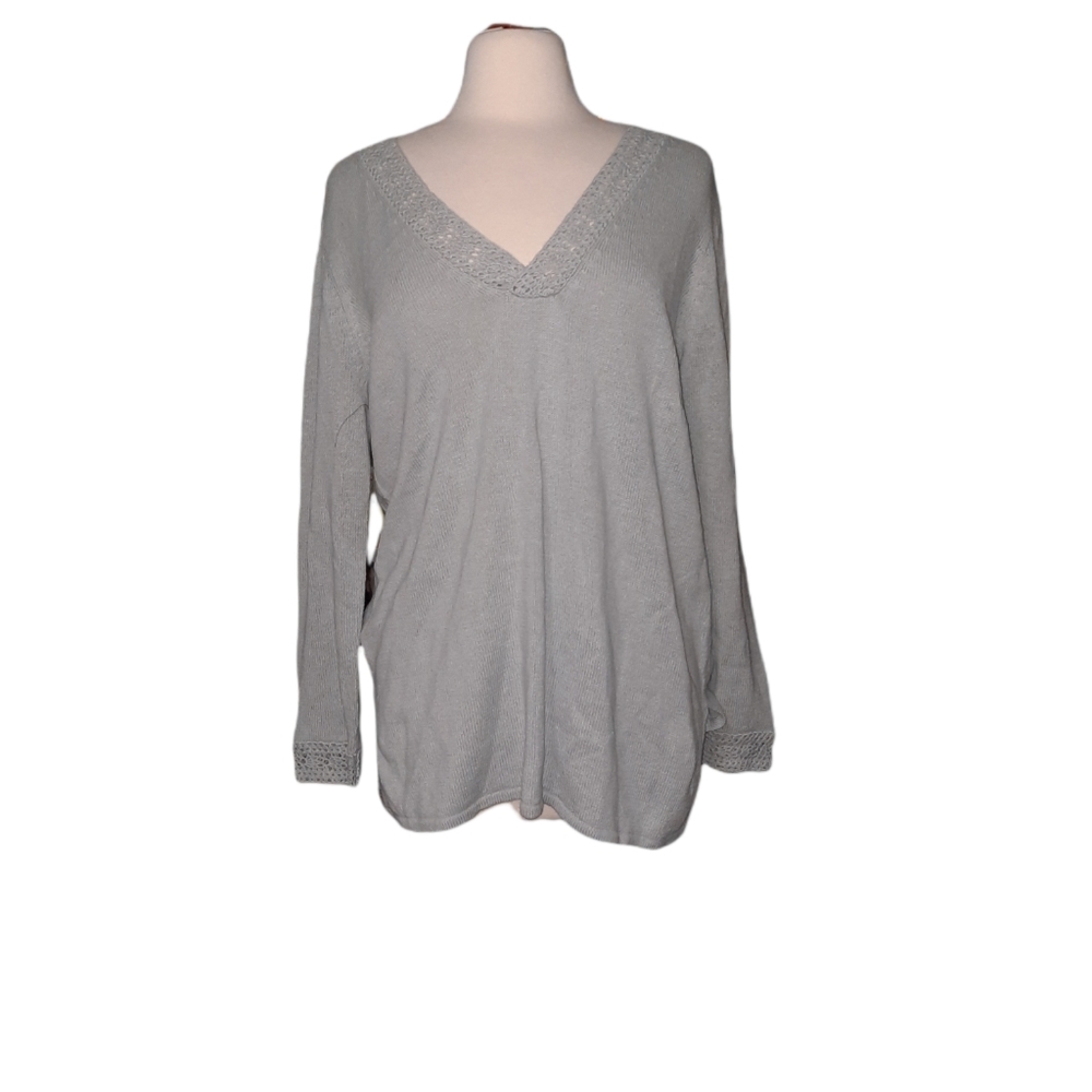J Jill M Vneck Sweater Crochet Collar Slate Blue Gray Linen Cotton Blend…